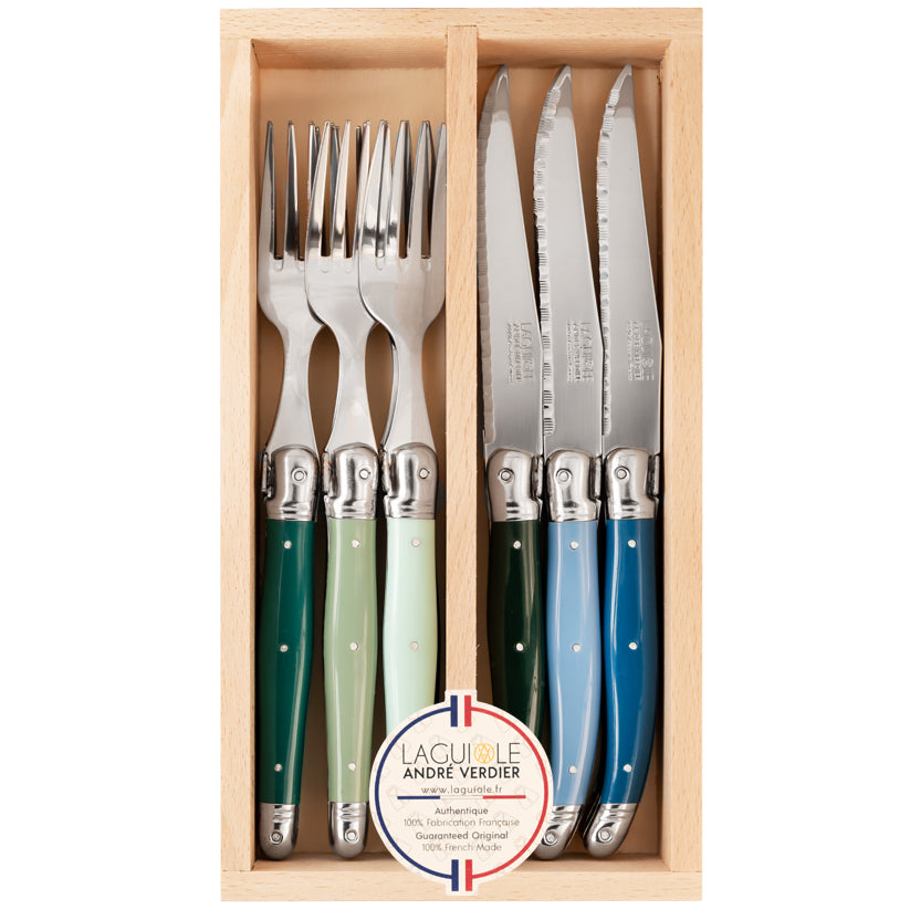 Laguiole André Verdier Set of 6 Forks & Steak Knives in Beechwood Box
