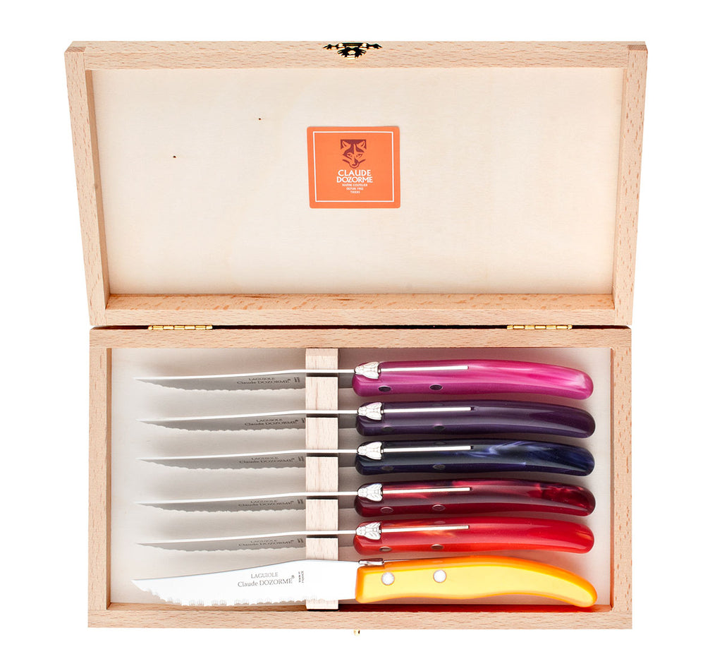 Claude Dozorme Set of 6 Laguiole Steak Knives with Olive Wood Handles and  Bee, Wood Gift Box - KnifeCenter - 2.60.001.89