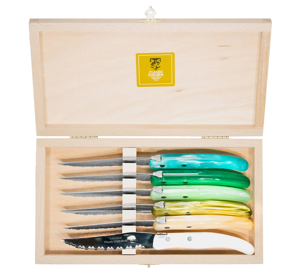 Claude Dozorme Set of 6 Laguiole Steak Knives with Olive Wood Handles and  Bee, Wood Gift Box - KnifeCenter - 2.60.001.89