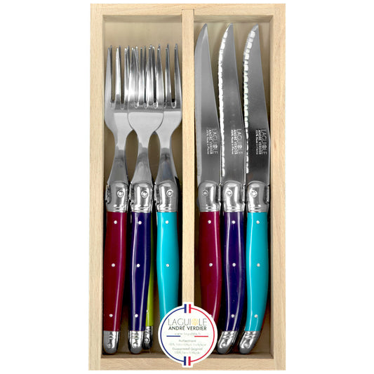 Laguiole André Verdier Set of 6 Forks & Steak Knives in Beechwood Box