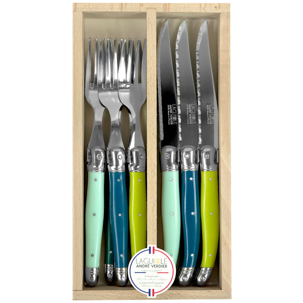 Laguiole André Verdier Set of 6 Forks & Steak Knives in Beechwood Box