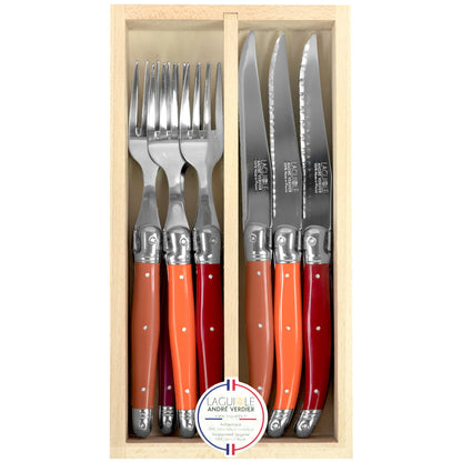 Laguiole André Verdier Set of 6 Forks & Steak Knives in Beechwood Box